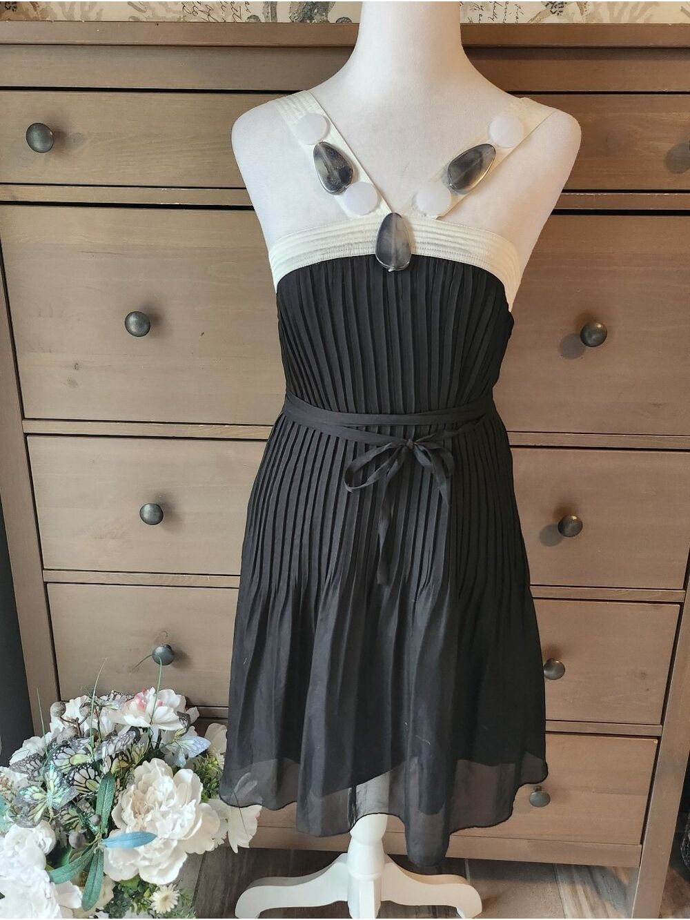 Lucy Paris Black  Pleated Dress with Cream And Faux Stone